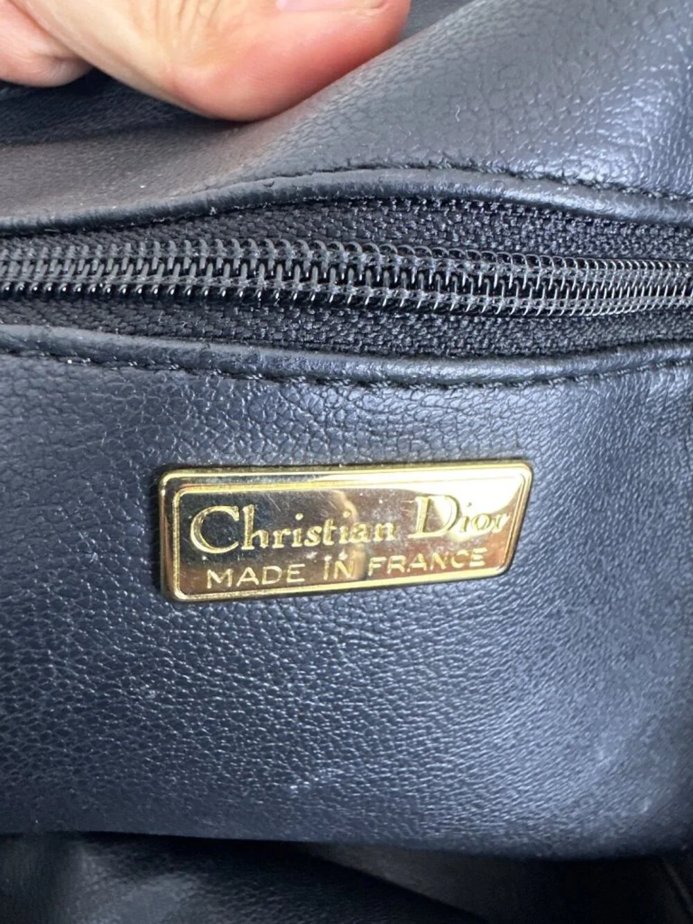 Vintage Christian Dior Navy Leather Shoulder Bag Gold Logo Made in France - Picture 2 of 16
